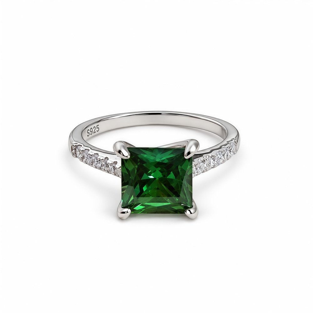 Green Square-Cut Cubic Zirconia Ring 925 Sterling Silver Size 7